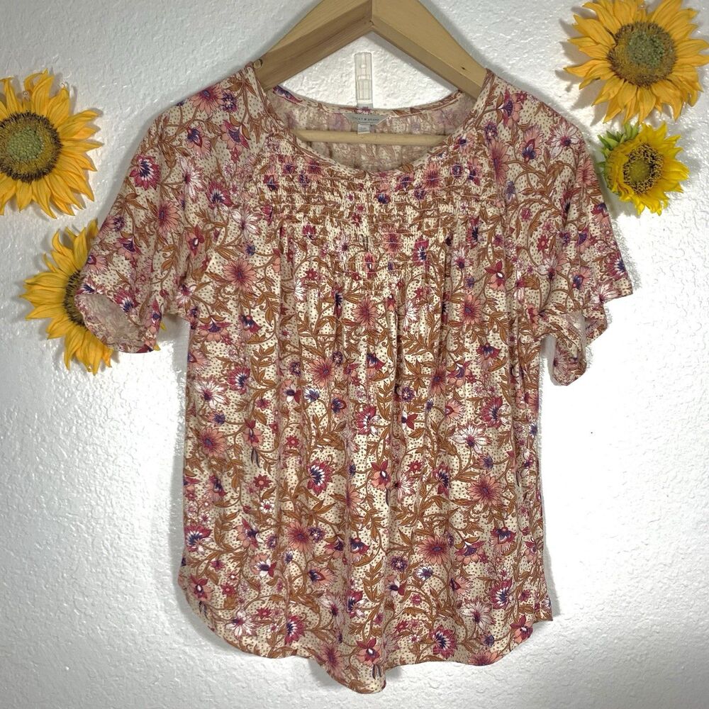 Lucky Brand Smocked Yoke Floral Short Sleeve Blouse Size S/P Women’s
